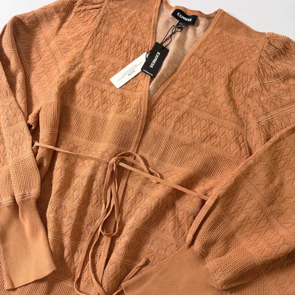 Express Women Rust gold Knit Wrap Cardigan Tie Waist Balloon Sleeve L